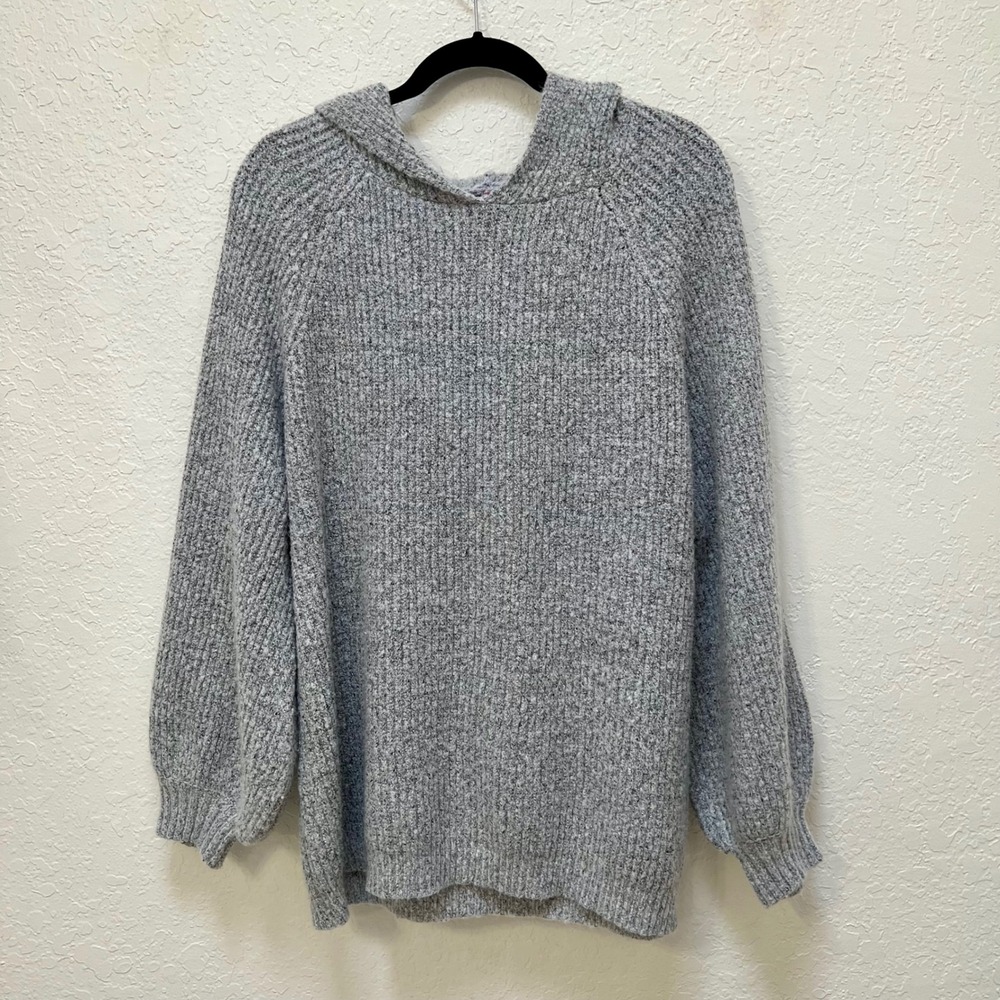 Love By Design Gray Hooded Sweater Balloon Sleeve Ribbed Knit 2X Raglan Hoodie